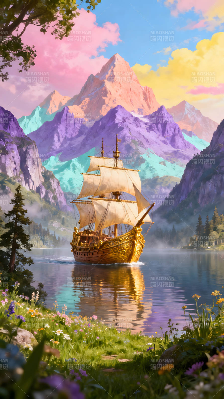 金船行驶在梦幻的湖泊图片