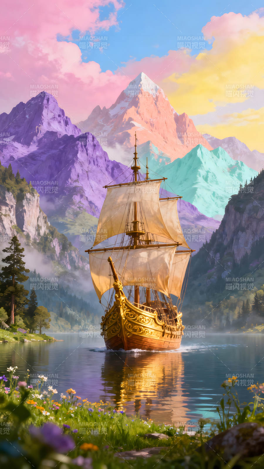 梦幻的航船在彩色山峰间航行图片