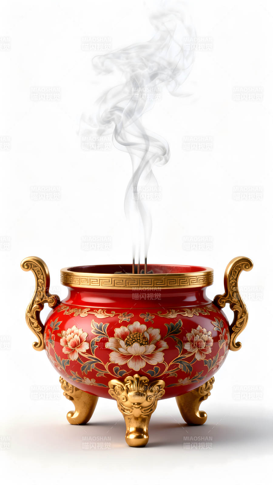 红瓷香炉袅袅炊烟图片