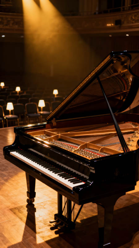 舞台上的钢琴在聚光灯下图片