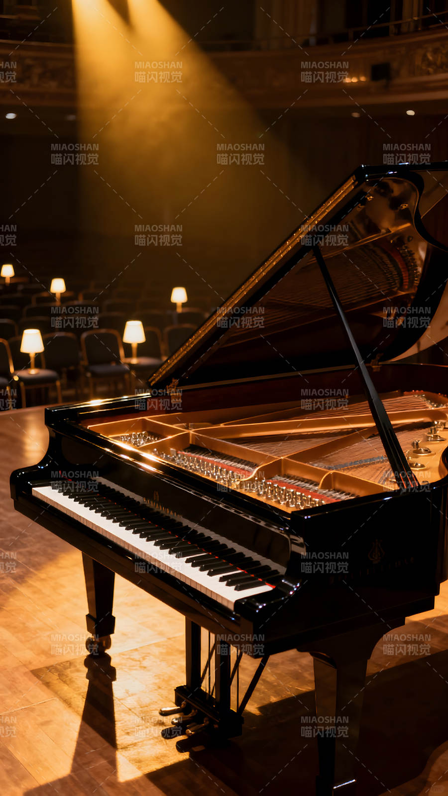 舞台上的钢琴在聚光灯下图片