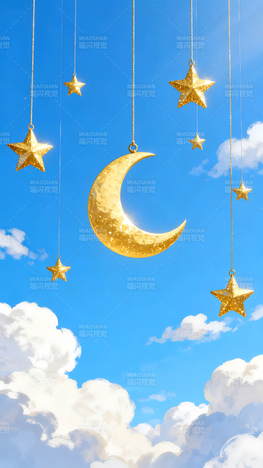 金色的月亮与星星悬挂空中画面唯美图片