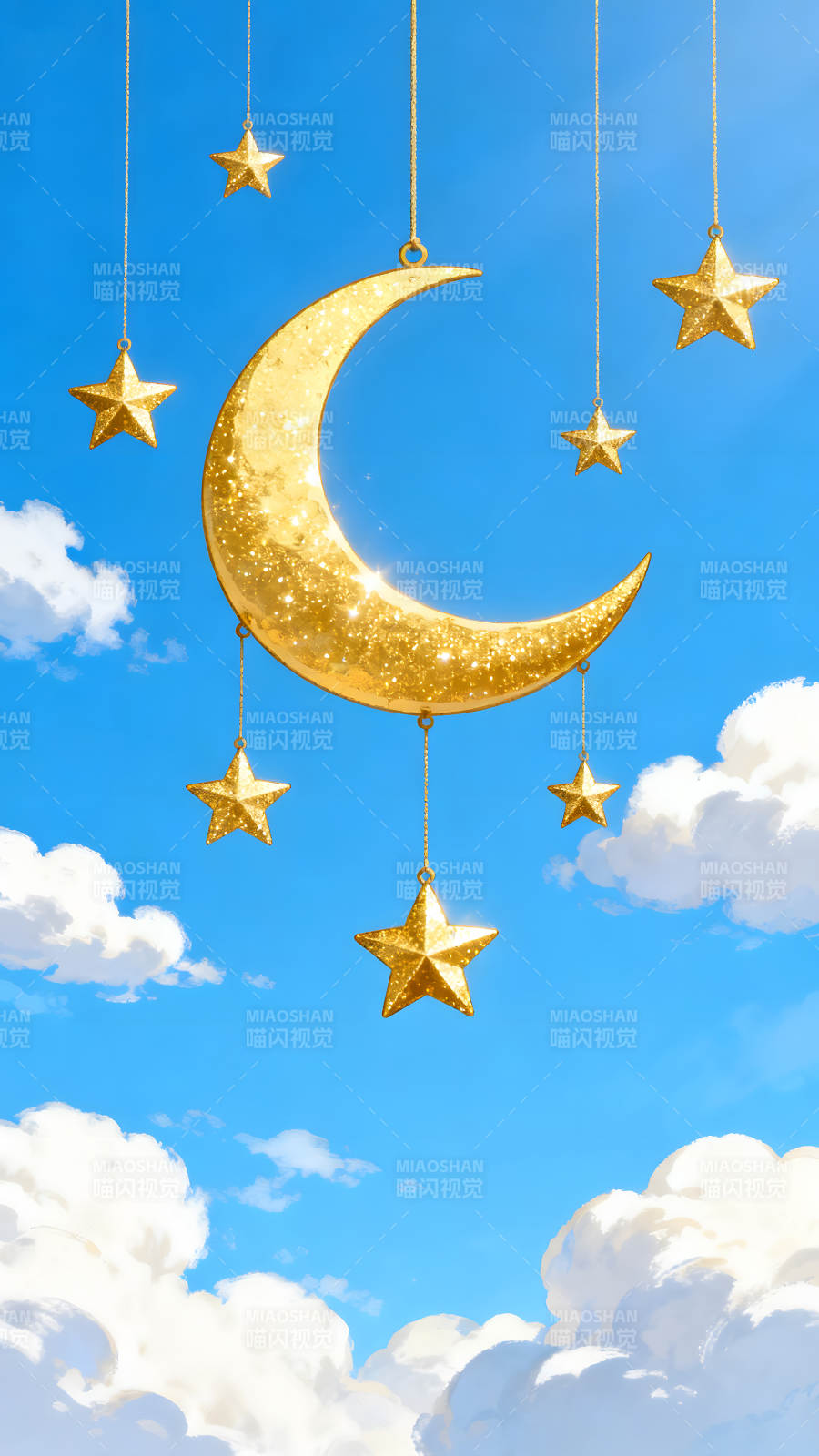 金色的月亮和星星在蓝色的天空图片