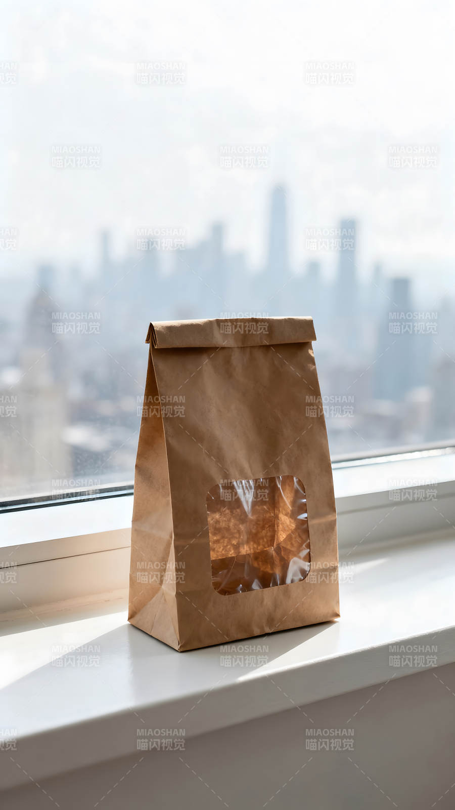 纸袋在窗台前背景模糊城市图片