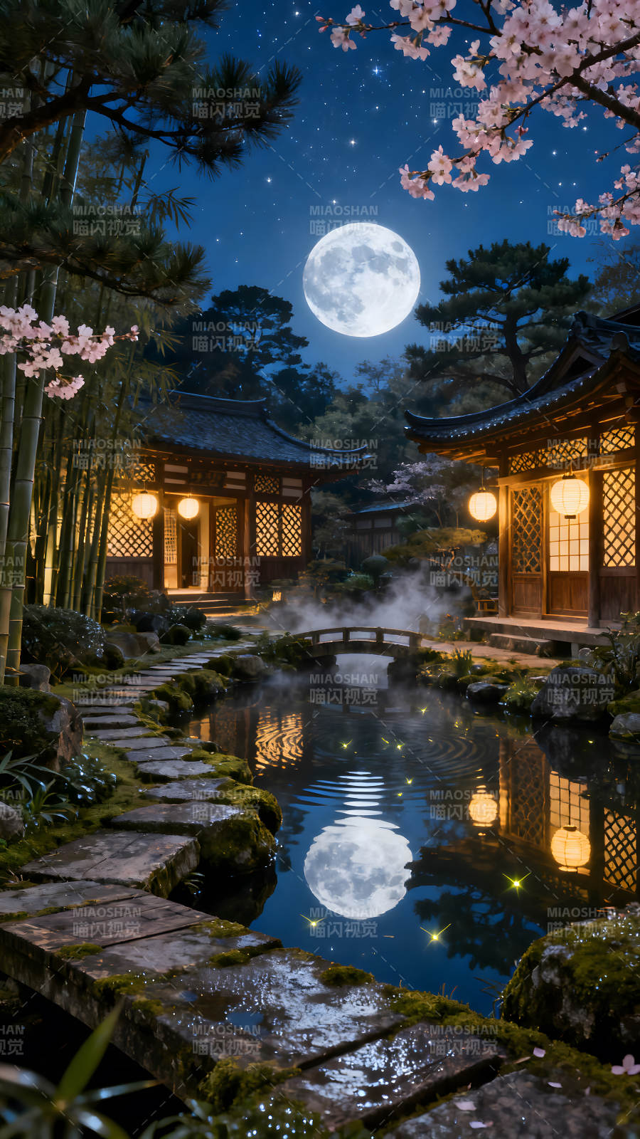 静谧夜景下的日式庭院图片