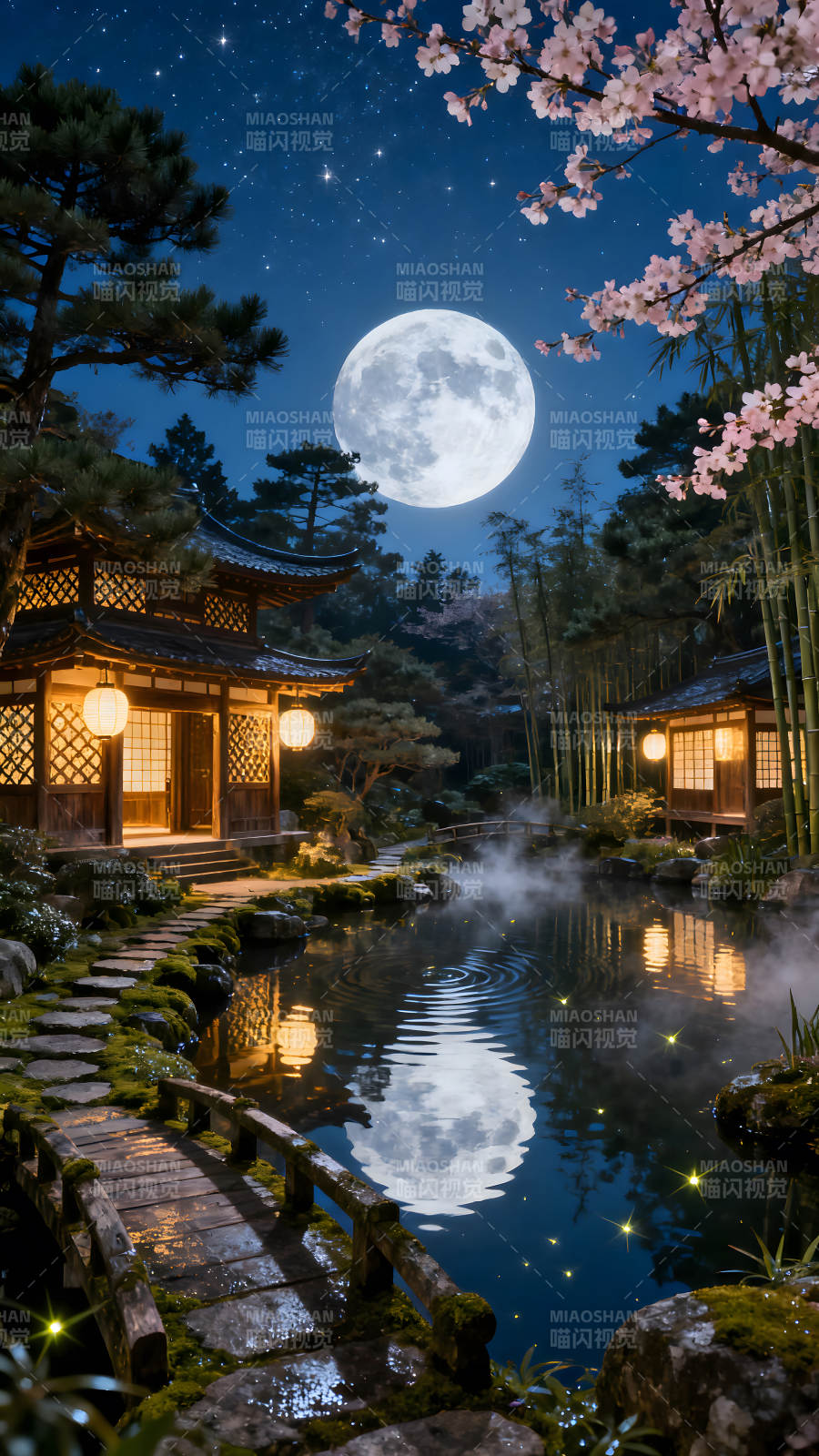 夜晚的日式庭院月光下的静谧图片