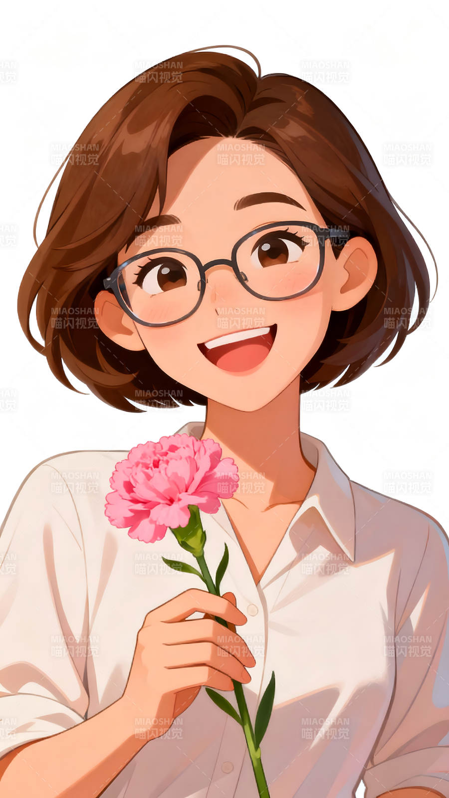 女孩手捧粉色康乃馨露出微笑图片