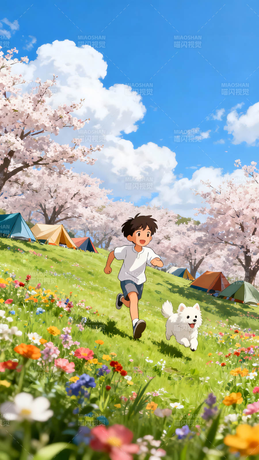 男孩与狗狗在樱花草地奔跑图片