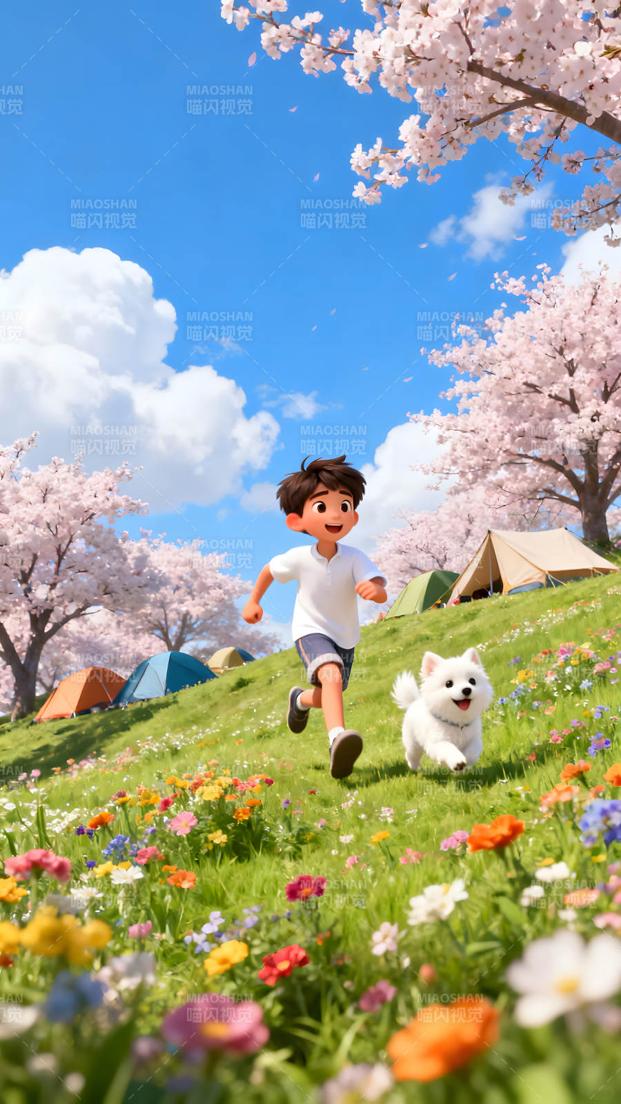 男孩与小狗在樱花盛开的草地上奔跑图片