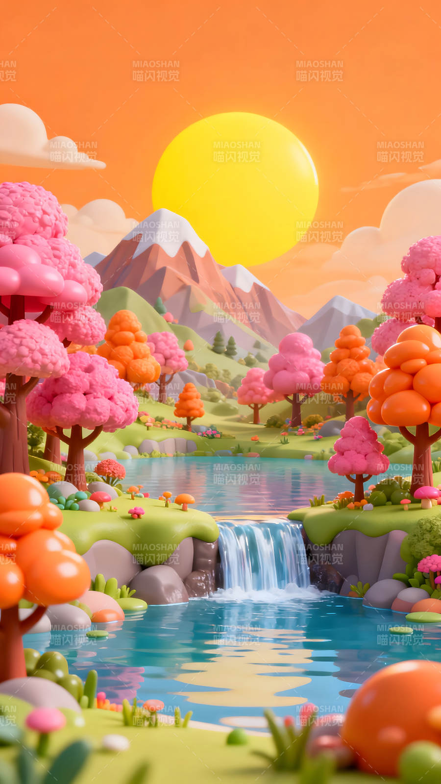 卡通风格风景图日出山水美如画图片