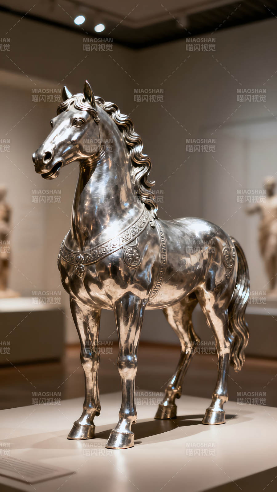 银制骏马雕塑屹立于博物馆图片