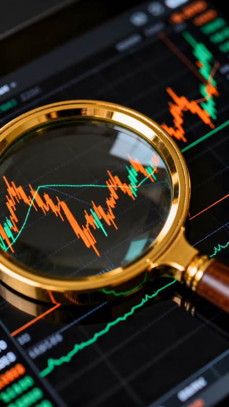 放大镜观察股市走势图图片