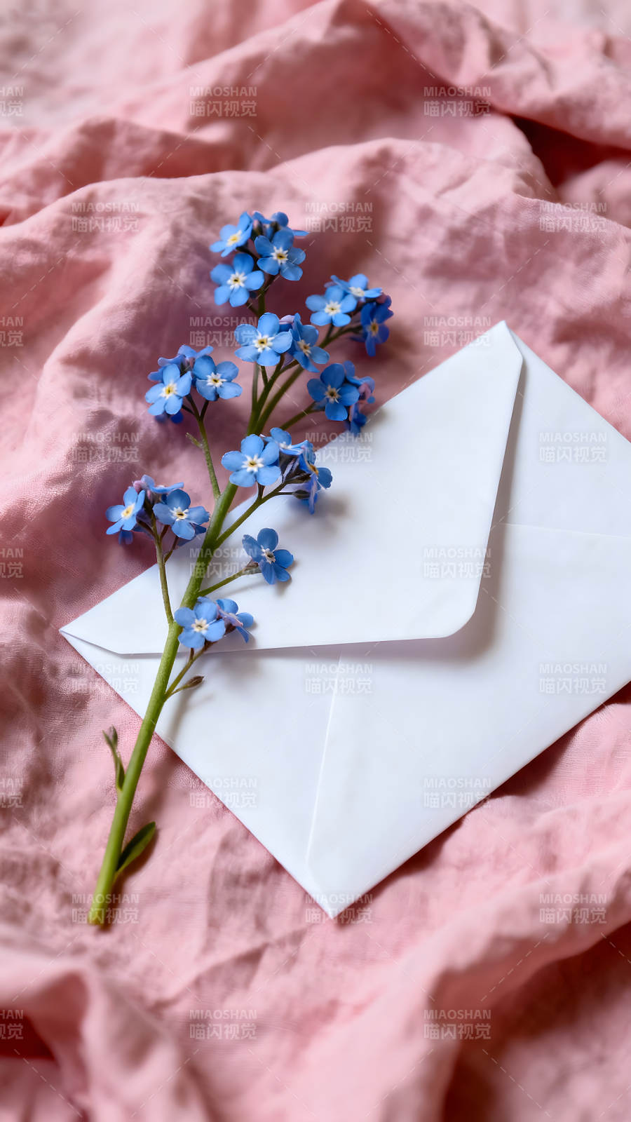 蓝色勿忘我与白色信封的柔美组合图片