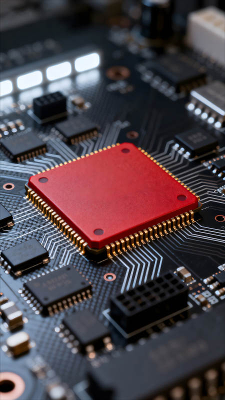电路板特写红色芯片闪耀图片