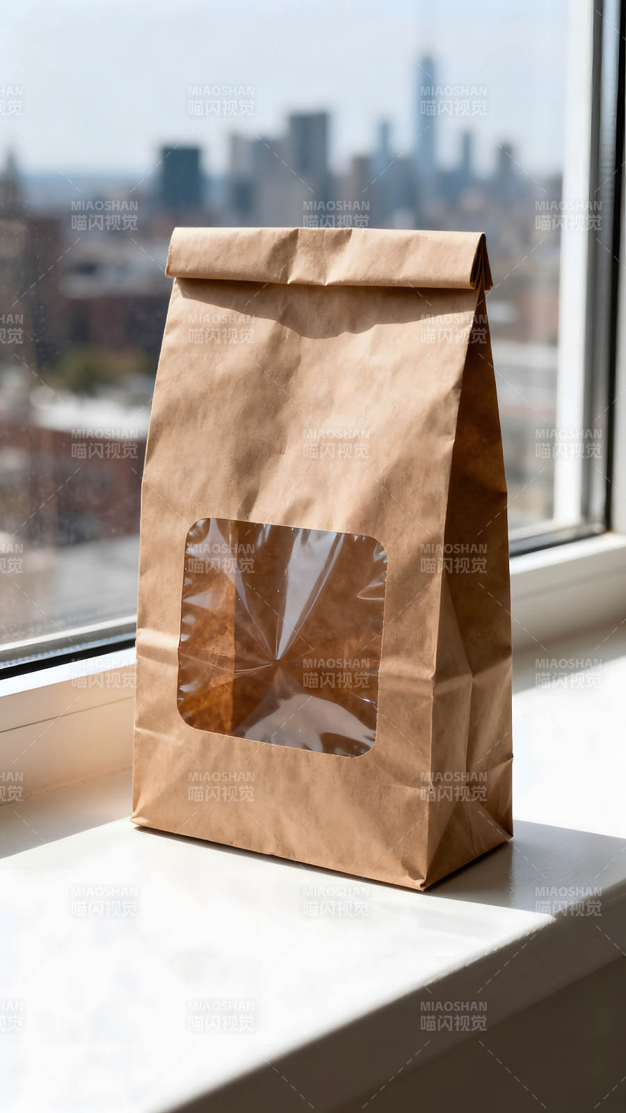 棕色纸袋放窗台前景色模糊图片