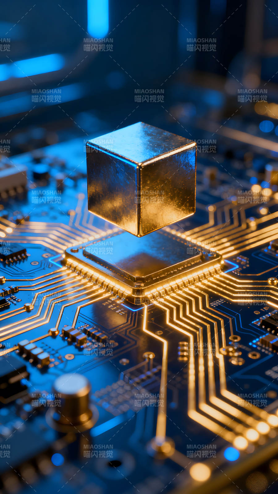 芯片与金色方块的科幻画面图片