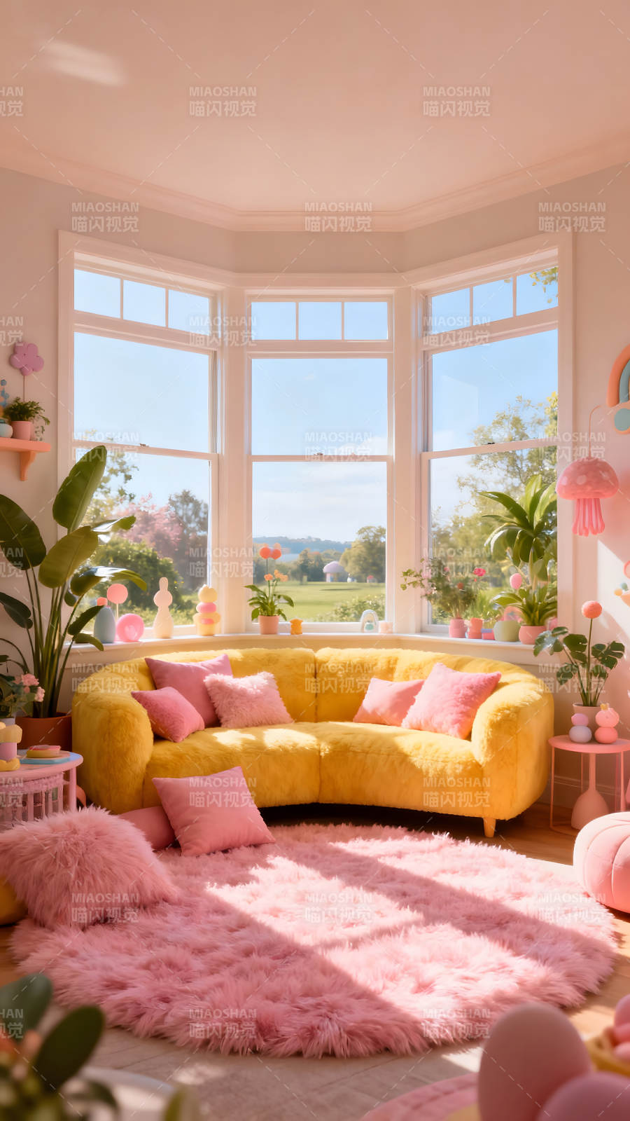 粉色系温馨沙发角落阳光明媚图片
