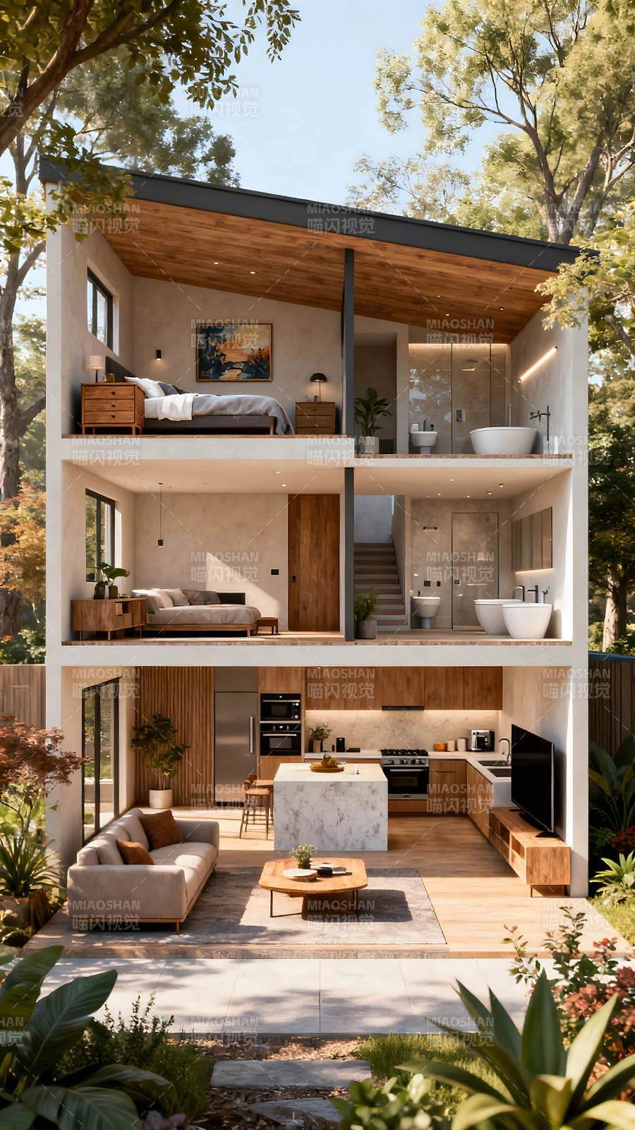 现代风格三层别墅内部结构剖面图图片