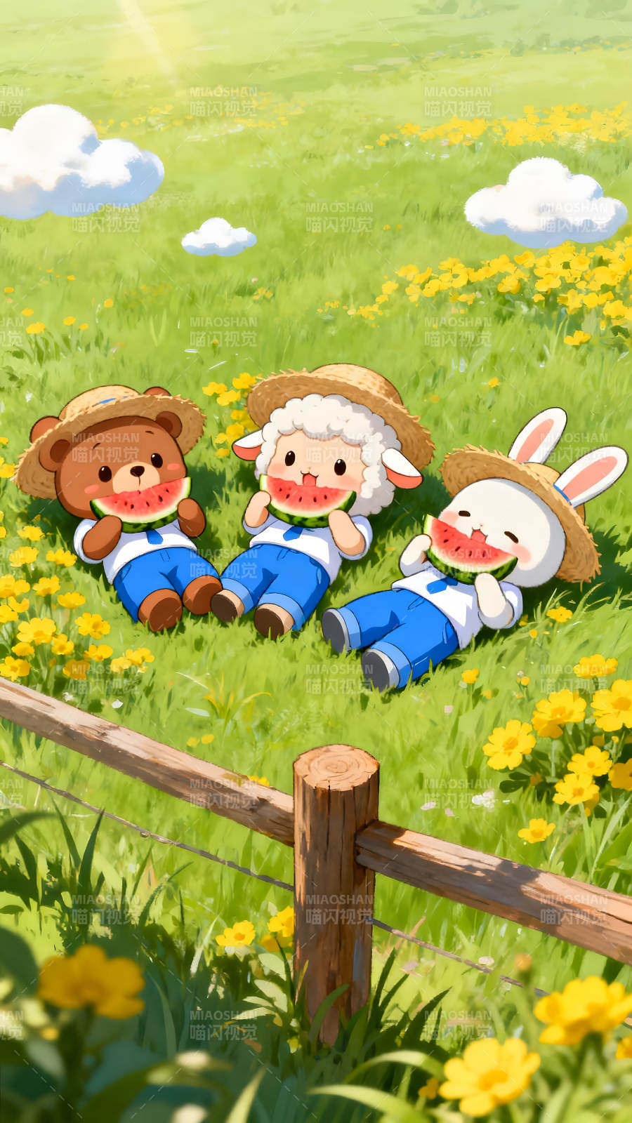 卡通动物吃西瓜草地惬意时光图片
