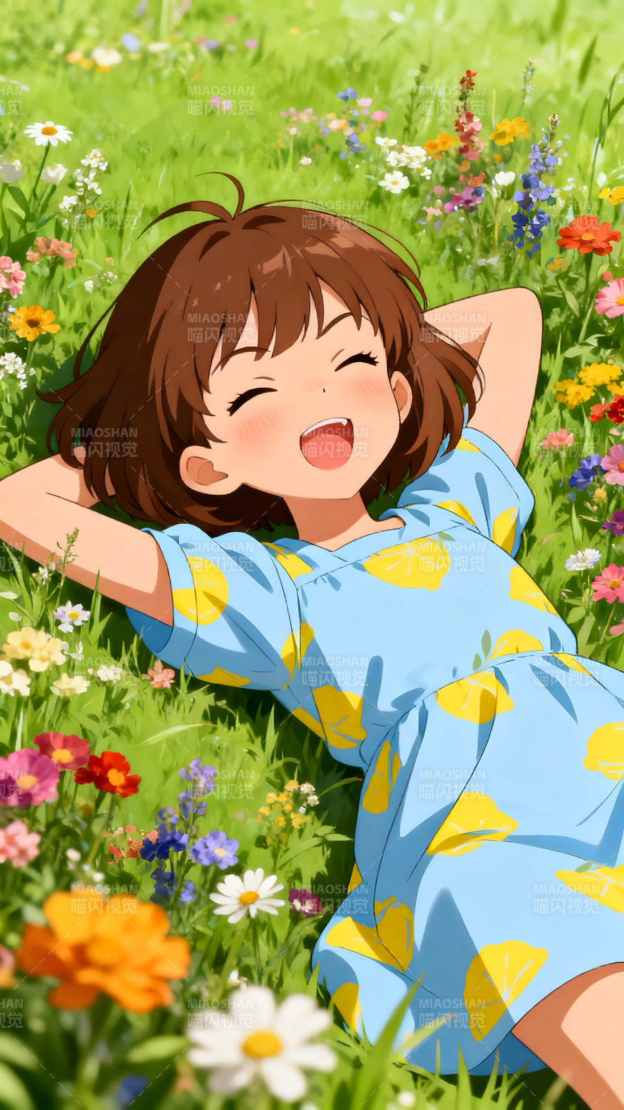 女孩躺草地笑容灿烂享受阳光图片