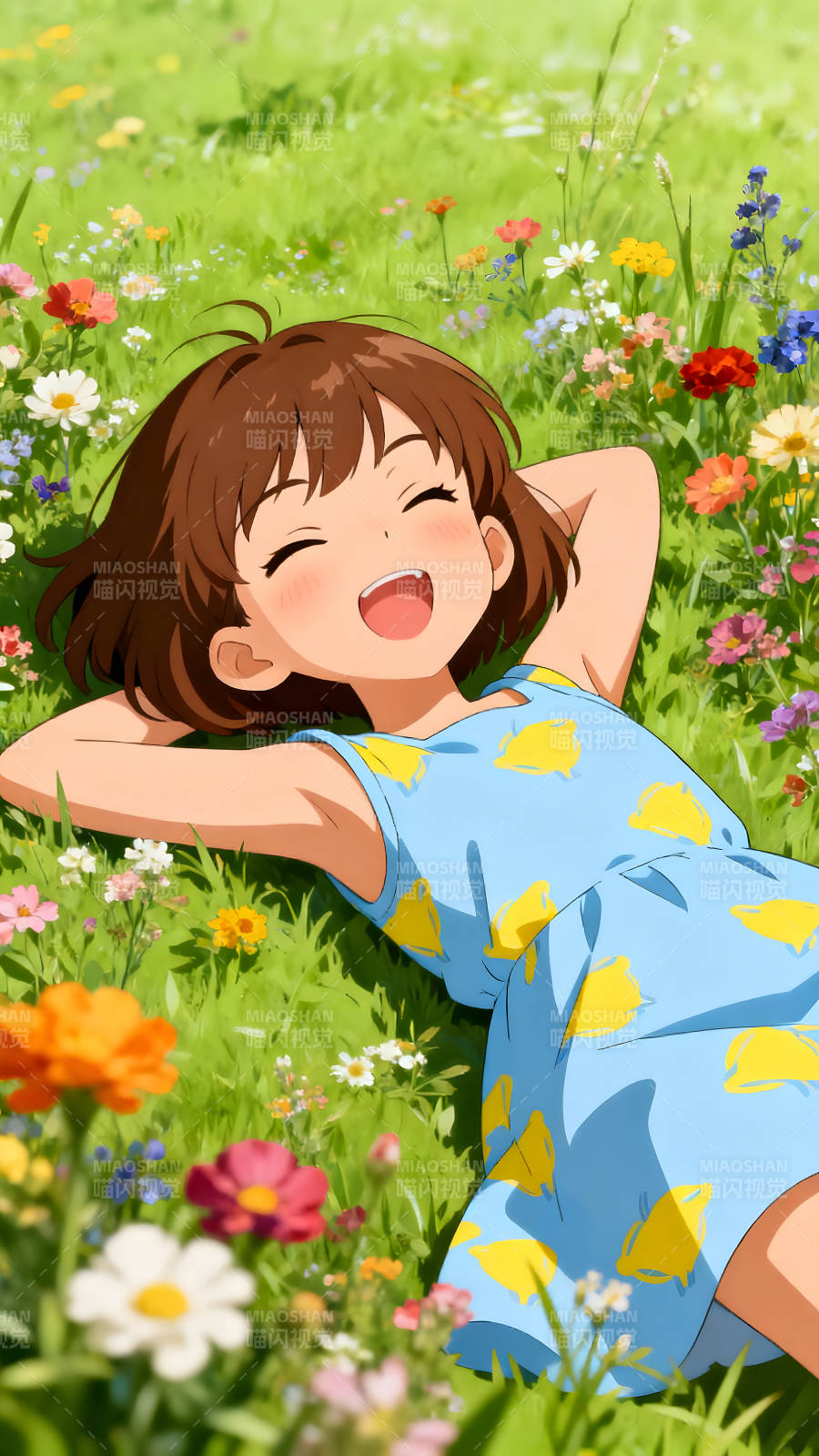 女孩躺在草地上享受阳光图片