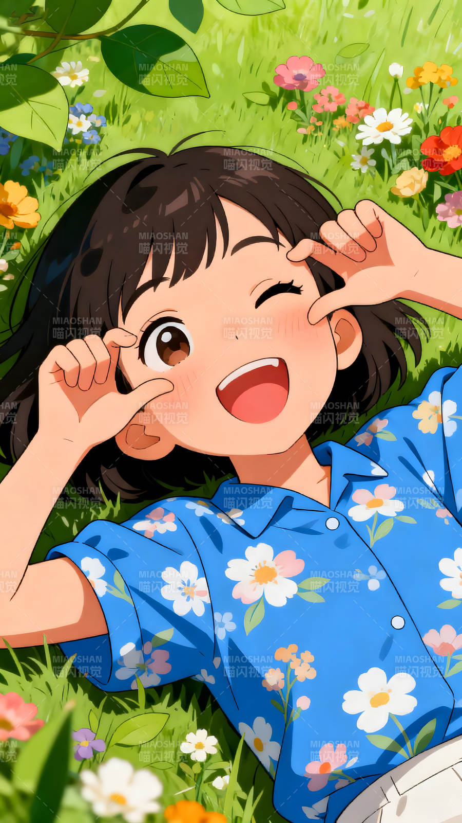 女孩躺草地上微笑享受阳光图片