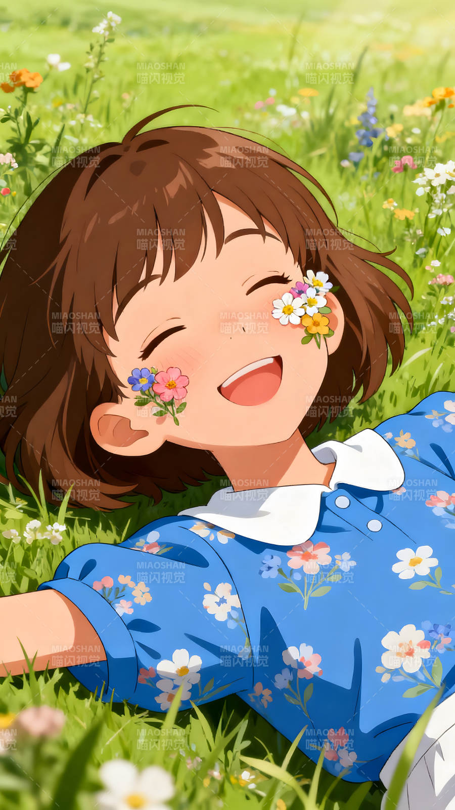 女孩躺在草地上笑得很开心图片