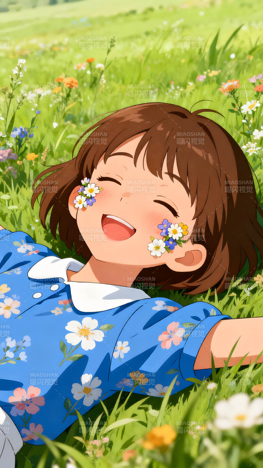 女孩躺草地绽放笑容鲜花点缀清新可爱图片