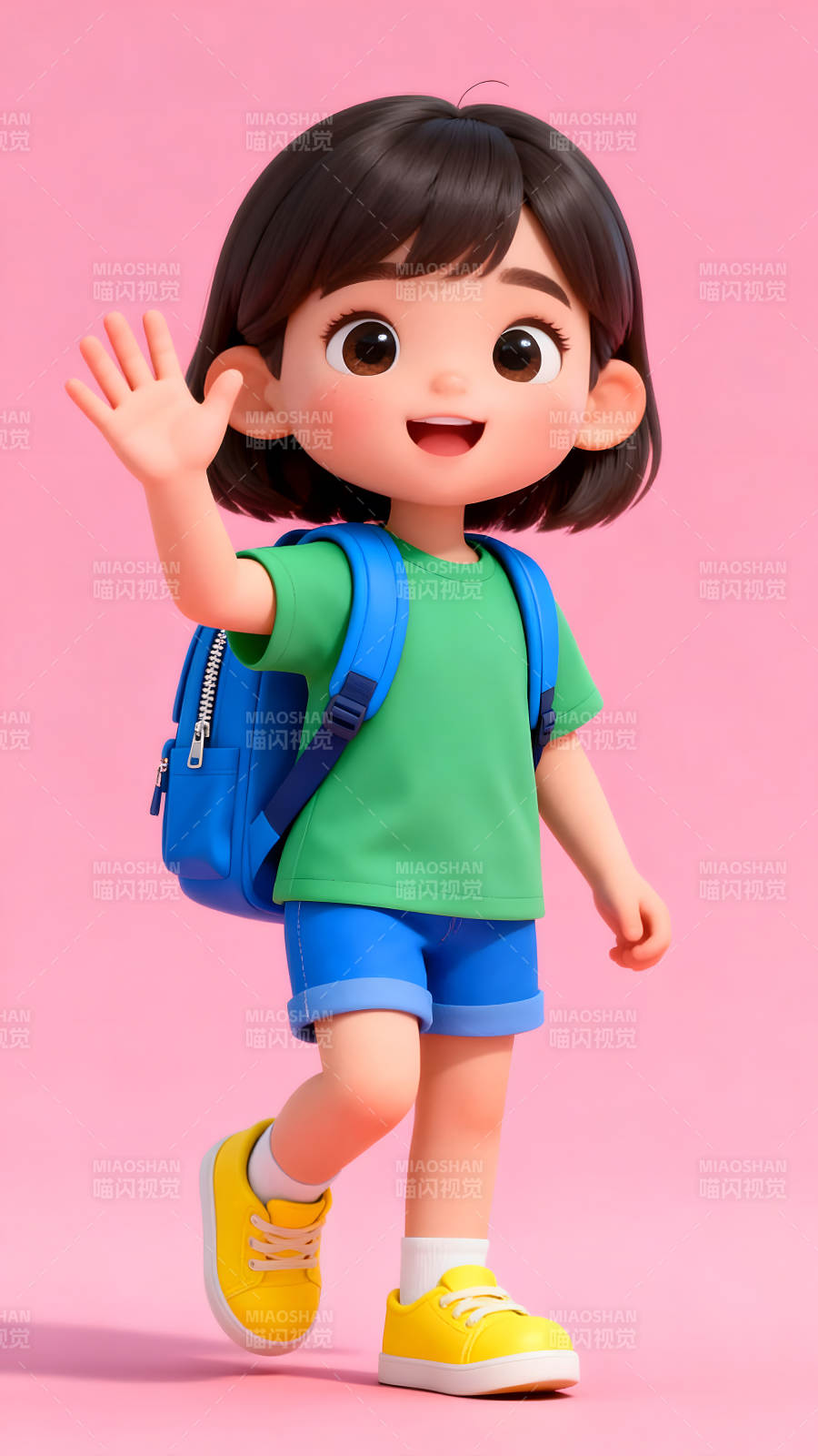 卡通女孩挥手微笑去上学图片