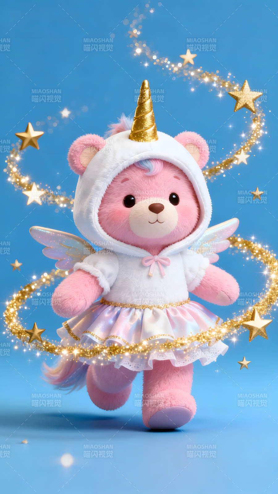 粉色独角兽熊玩偶在蓝色背景闪耀图片