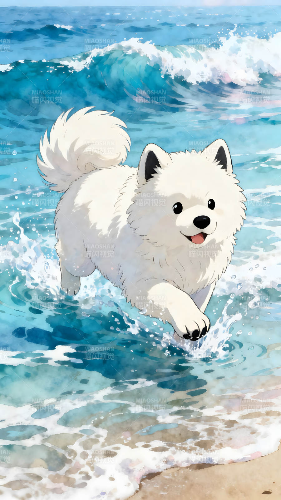 可爱的小狗在海浪中玩耍图片