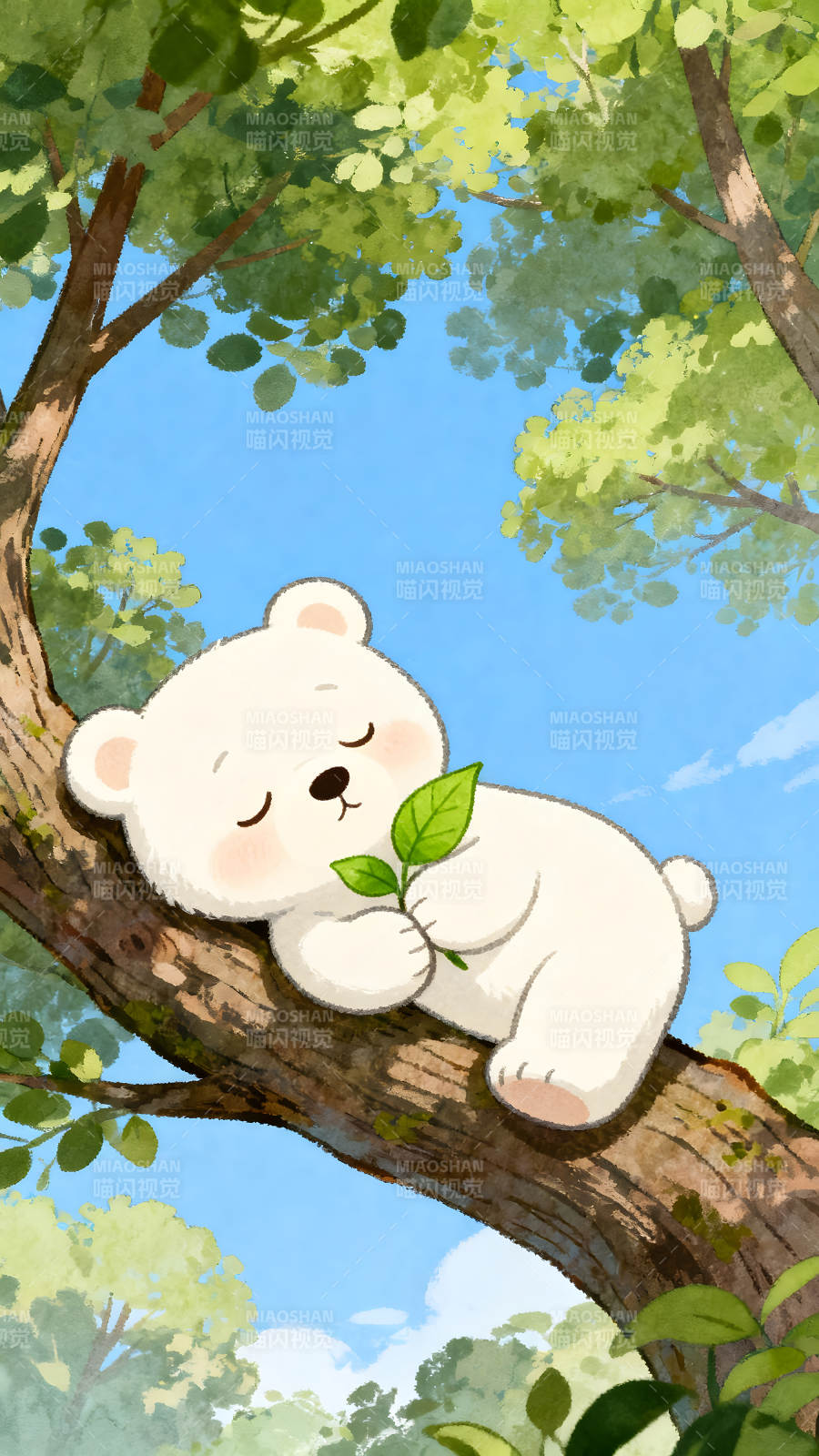 小熊树上睡觉捧着绿叶图片