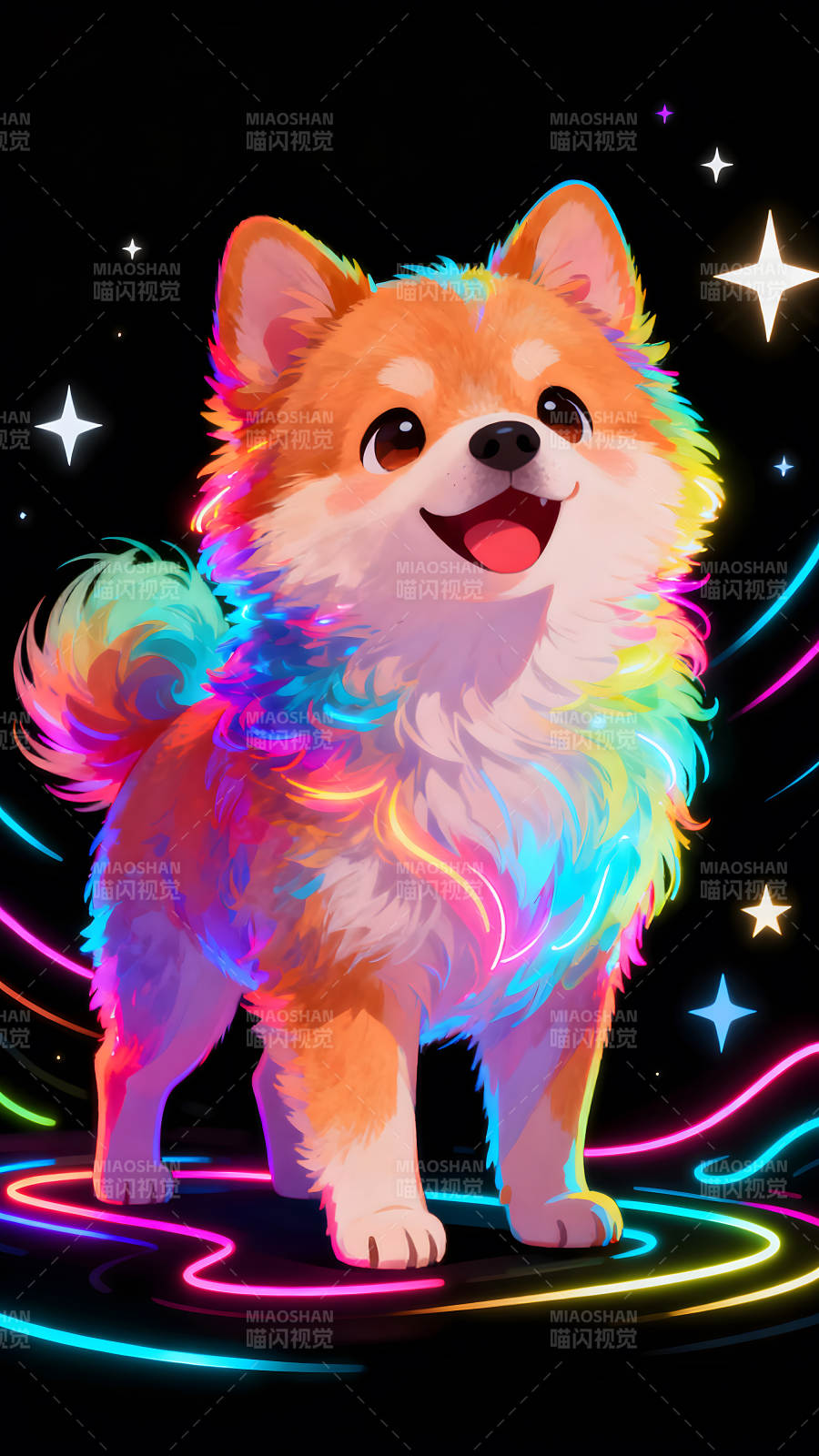 彩虹小狗在闪耀的背景中图片