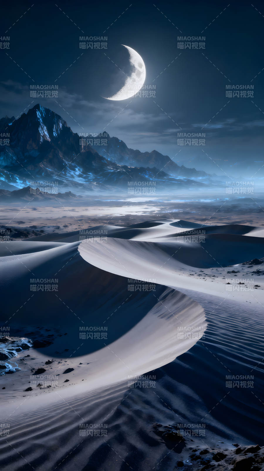夜晚沙漠月亮山脉风景图片