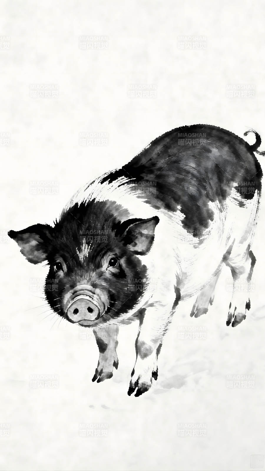 水墨画小猪黑白对比生动形象图片