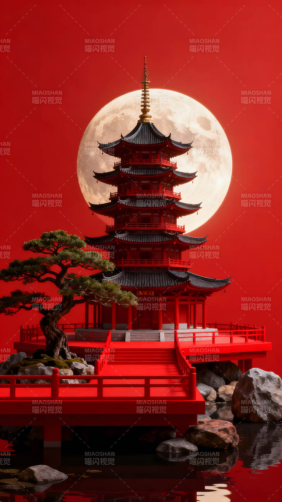 红色的日式佛塔与月亮图片