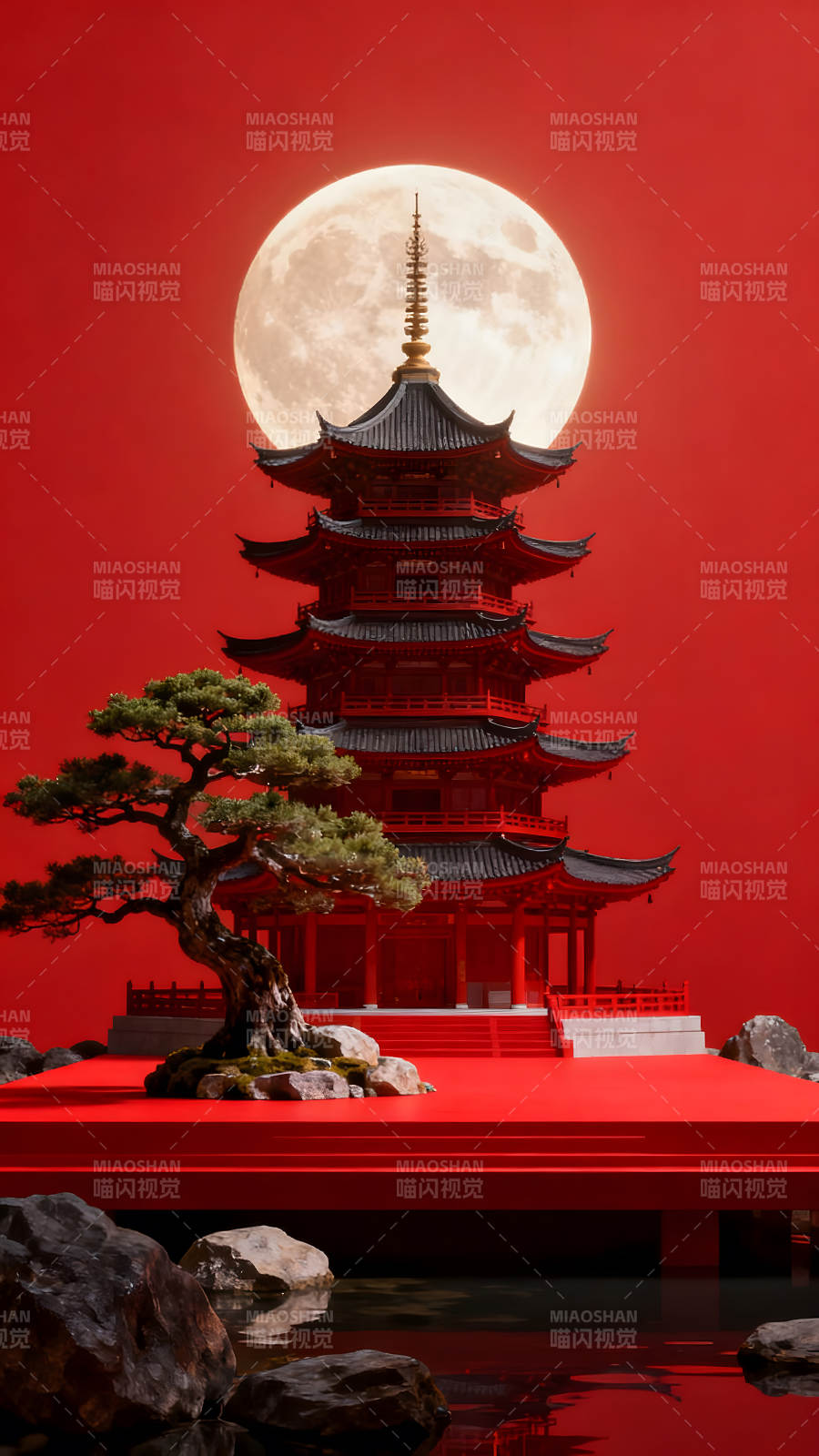 红月寺庙盆景景色图片