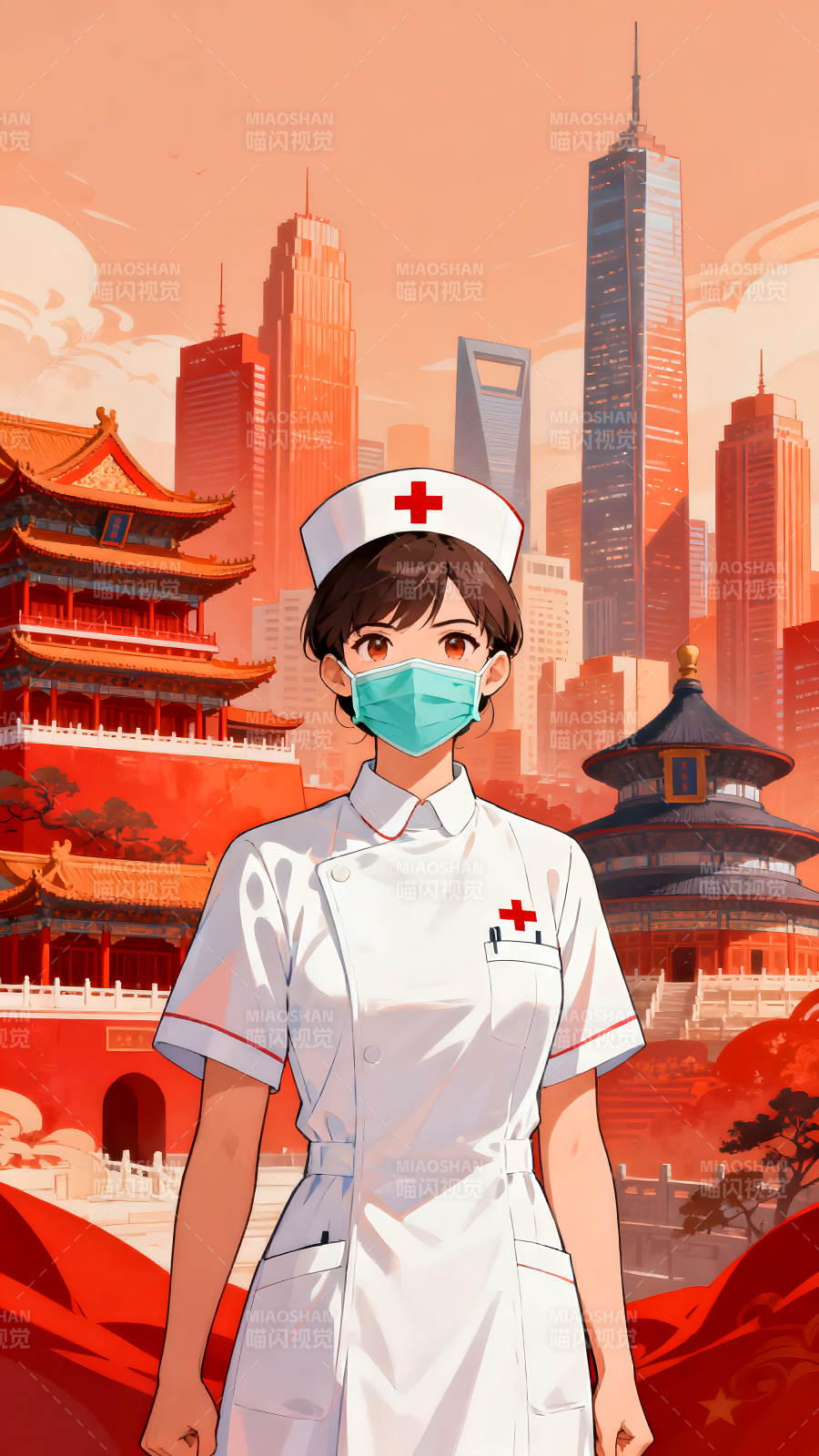 戴口罩的护士立于城市建筑前图片