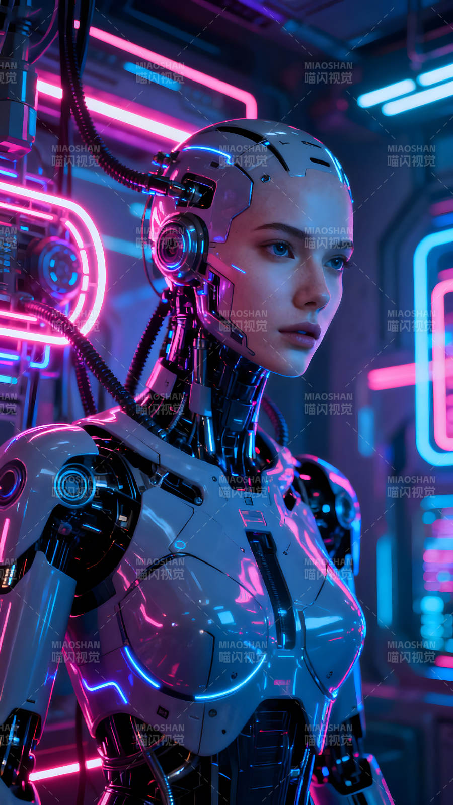 赛博朋克风格的女性机器人肖像图片