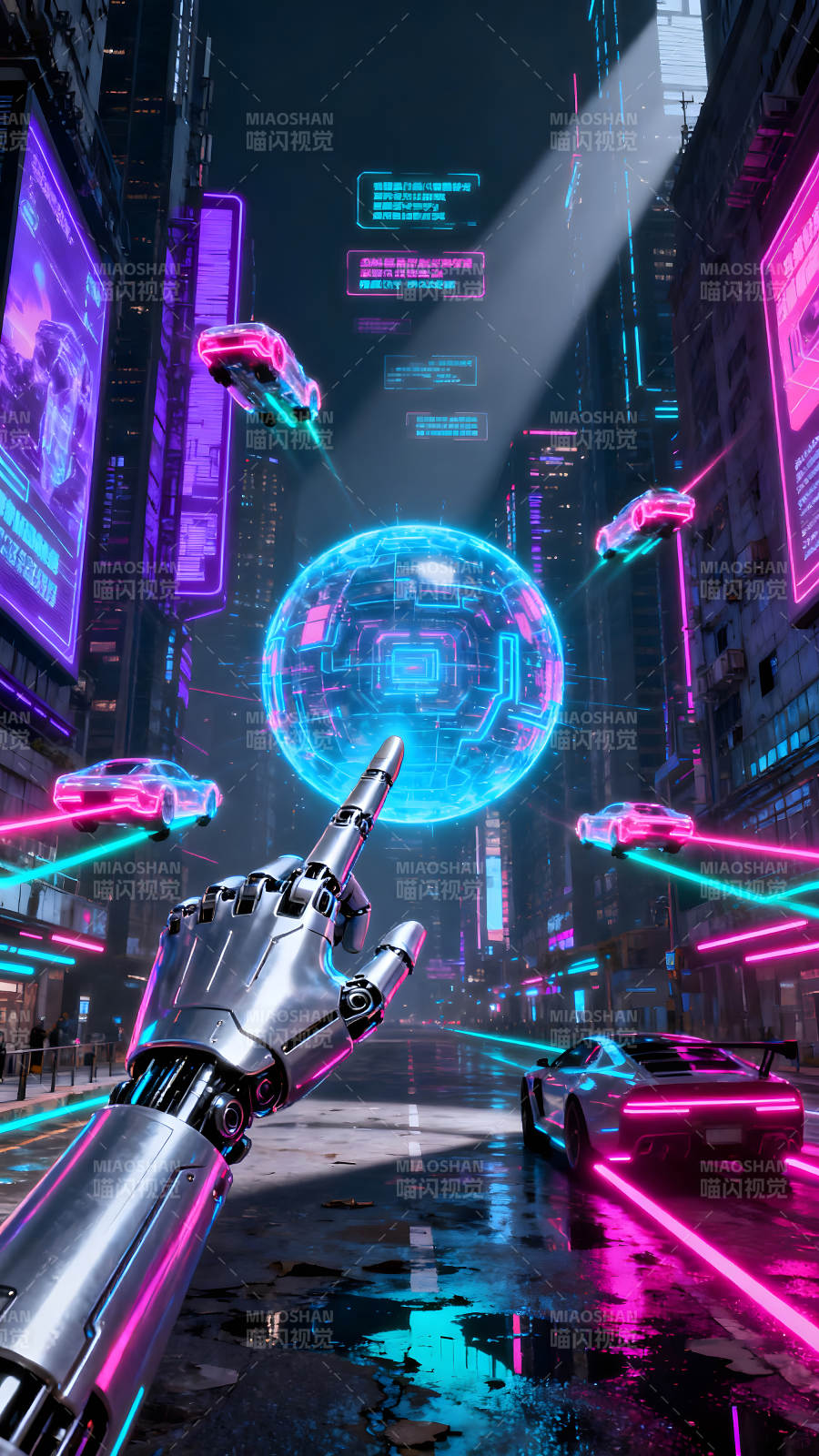 未来都市机械手指向赛博朋克场景图片