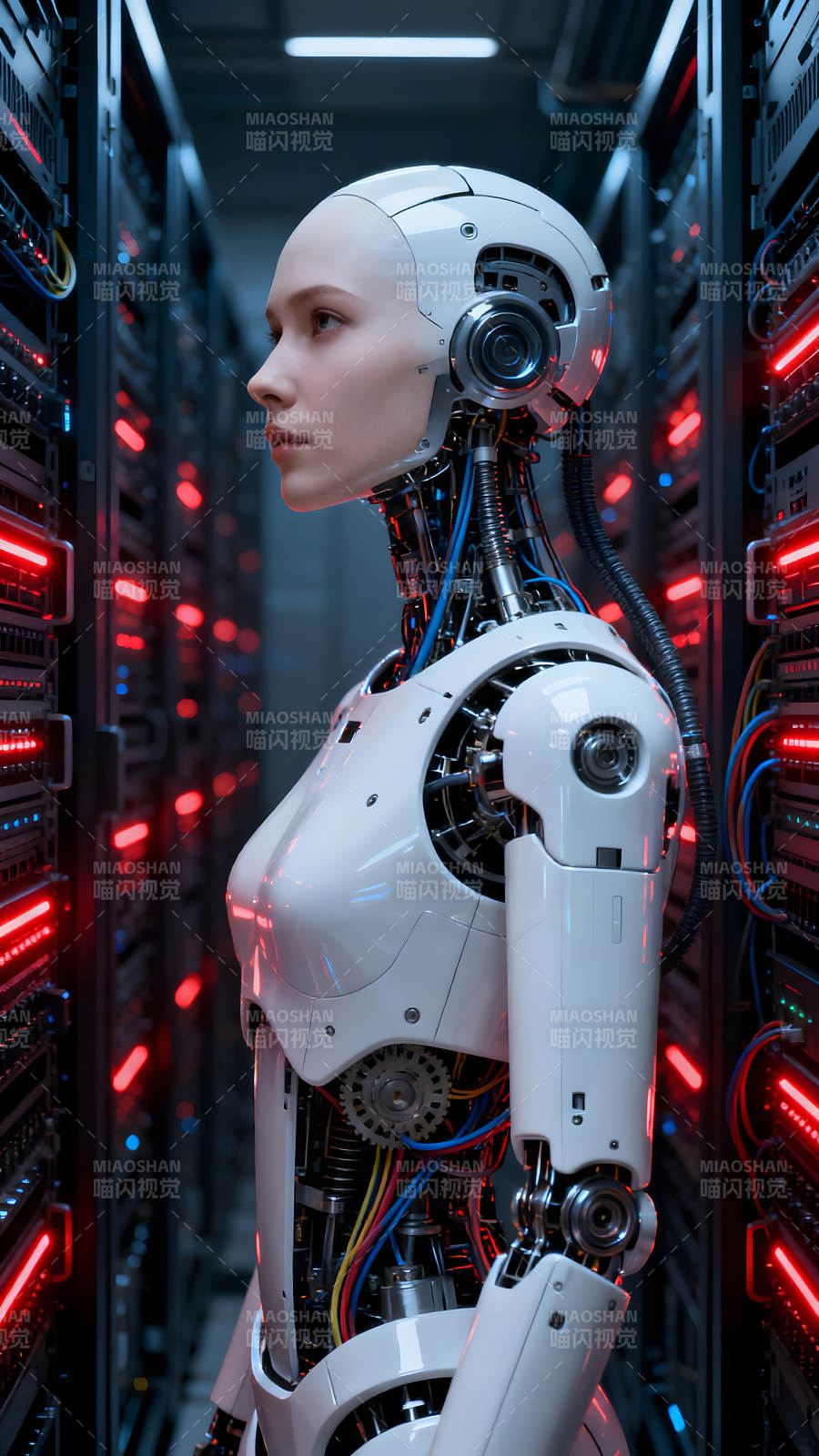 机器人与服务器构成赛博朋克场景图片