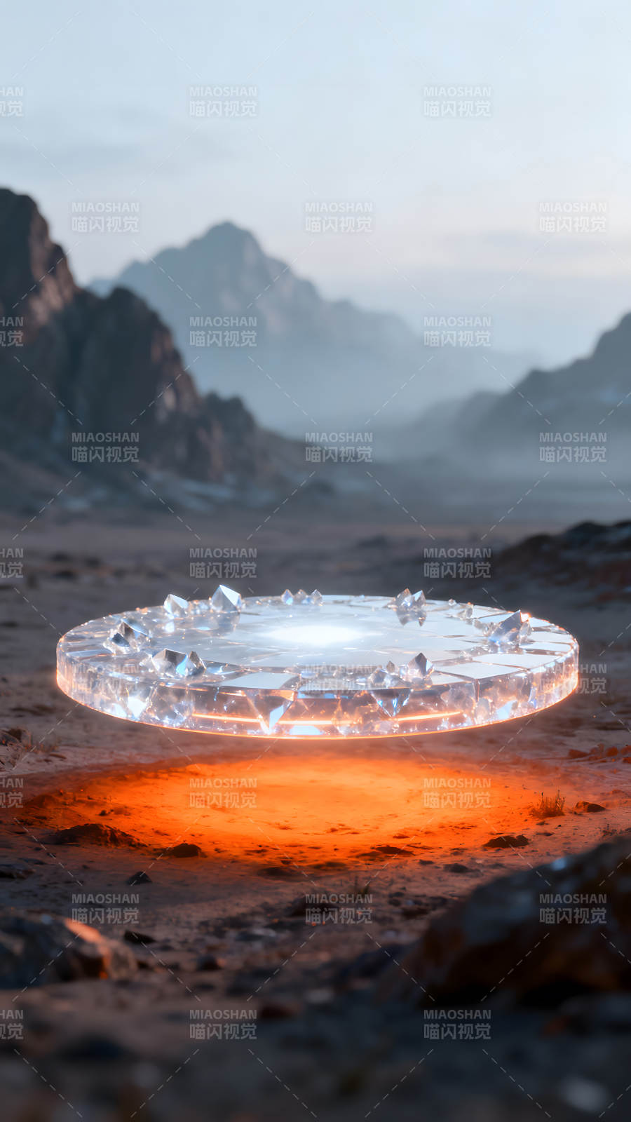 悬浮发光水晶圆盘置于荒漠之中图片