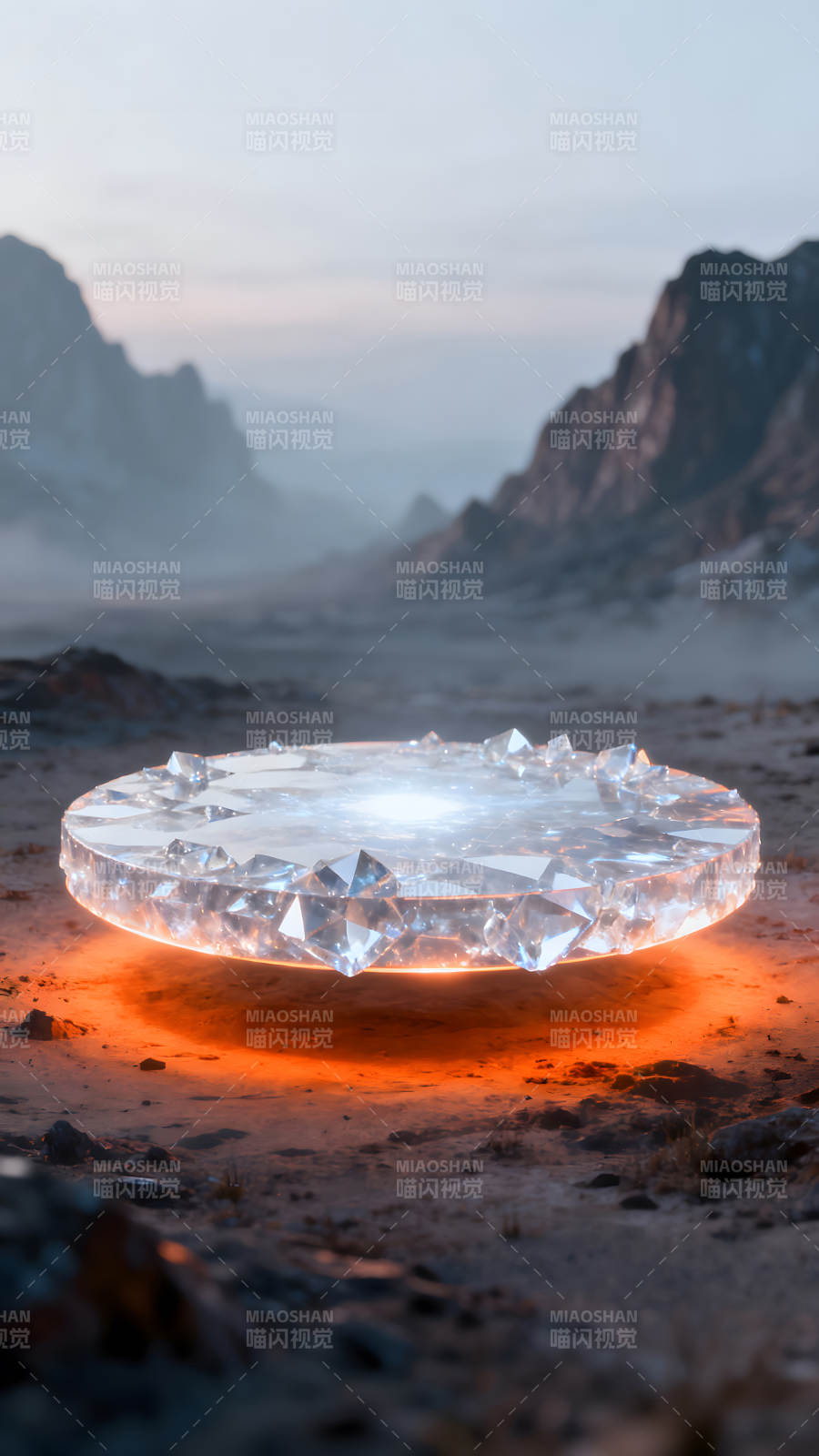 水晶飞盘悬浮在荒漠上图片