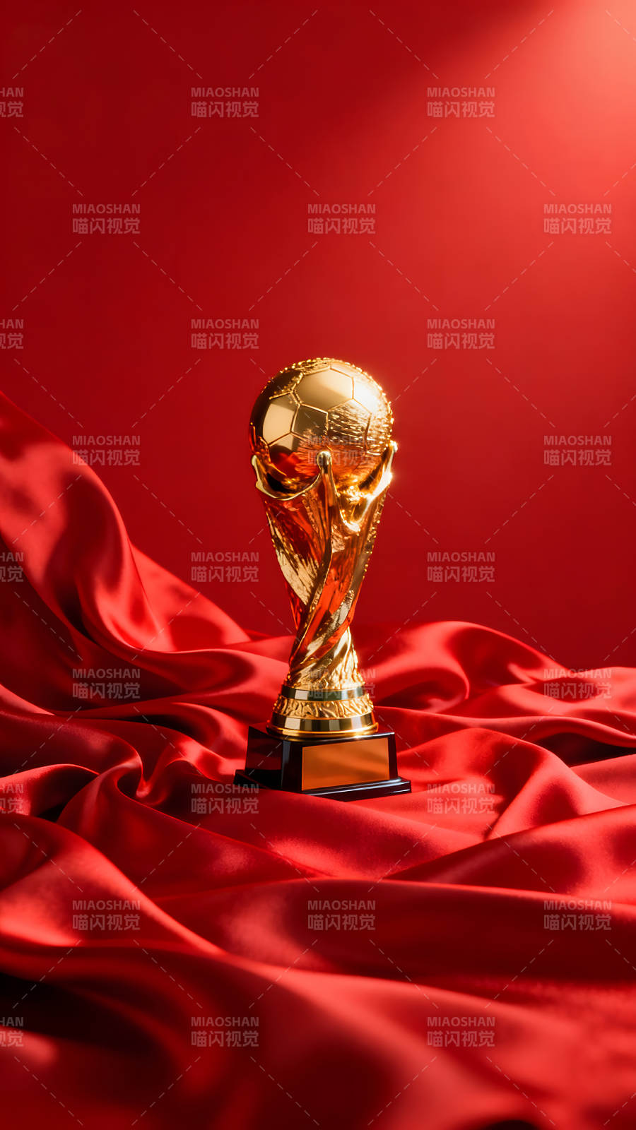 金灿灿的足球奖杯置于红绸之上图片