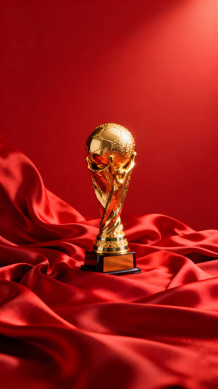 金灿灿的足球奖杯置于红绸之上图片