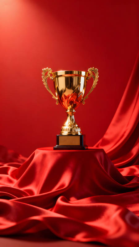 金色奖杯放置红色绸缎上图片