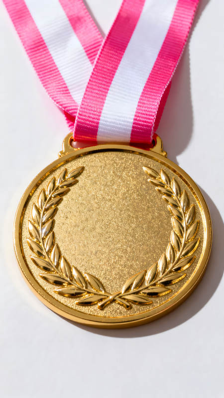 金牌与粉白丝带的特写图片