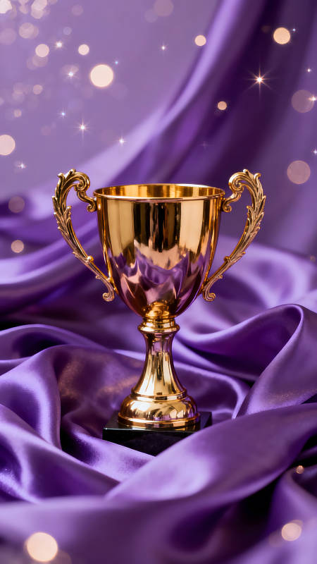 金色奖杯置于紫色丝绸上图片