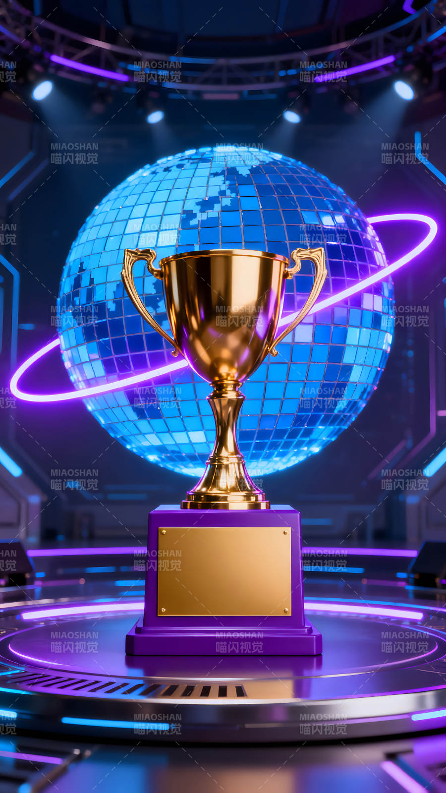 金色奖杯闪耀舞台蓝色灯光背景图片