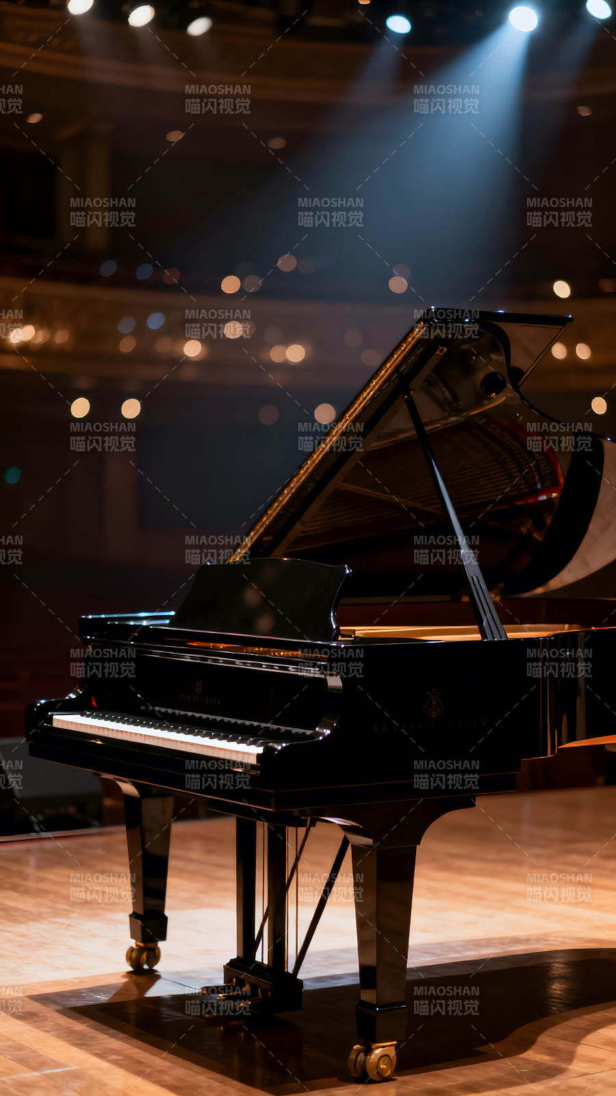 舞台上的黑色三角钢琴特写图片